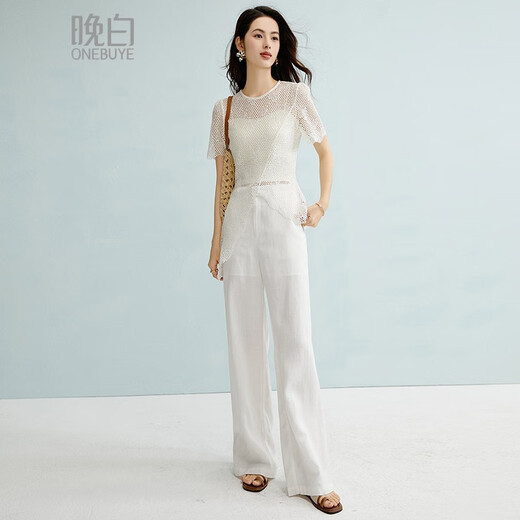 
Late white 2025 summer simple temperament cotton blouse short sleeve hollow print design sense irregular hem T-shirt for women off-white M