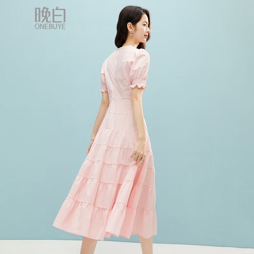 晚白2025年夏款时尚休闲裙子气质亲肤全棉收腰短袖连衣裙 粉色 M