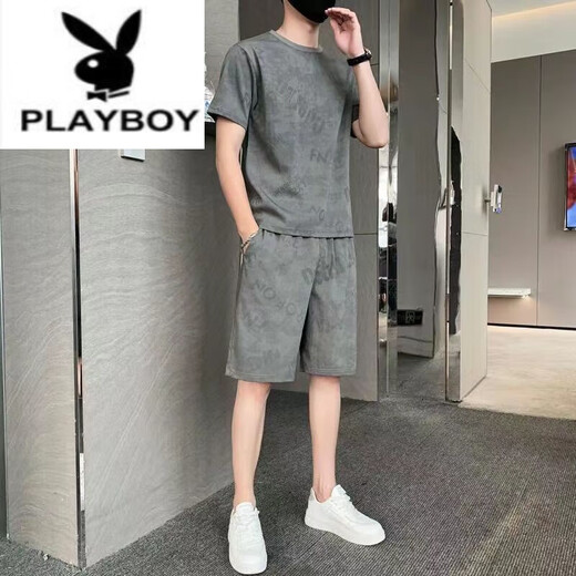 花花公子（PLAYBOY）纯棉2023新款冰丝短袖T恤套装男士休闲运动两件套男装宽松夏季潮 671灰色套装 M 80斤-110斤