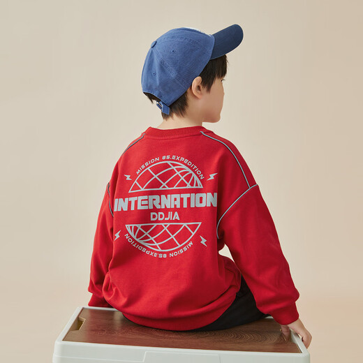 Duojia Boys' Round Neck Pullover New Year's Sweater Spring and Autumn Trendy Reflective Printed Long Sleeve Children's Casual Top with Drop Shoulder Sleeves