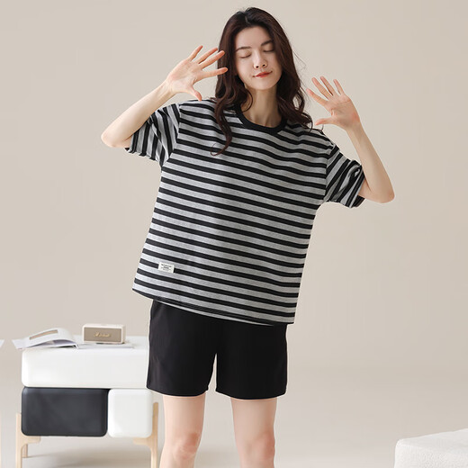 The same style as Pang Donglai DL 2025 pajamas for women in summer short-sleeved shorts for black stripes can be worn on the outside for simple home YZT9859_Set 2XL_Suggested 135-150Jin[Jin equals 0.5 kg]