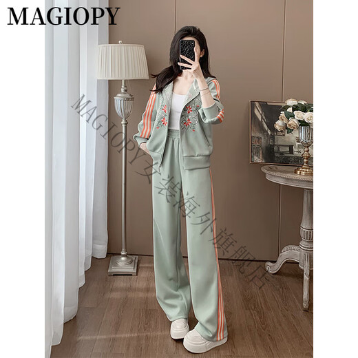 MAGIOPY国际奢侈高档品牌新中式国风休闲运动套装女春季高端洋气刺绣外套 绿色两件套 S(100斤以内)