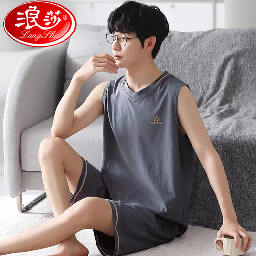 浪莎（LangSha）2025睡衣男士夏季薄款莫代尔背心无袖短裤冰丝凉感大码家居服套装 F-9214 2XL