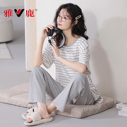 雅鹿莫代尔2025新款睡衣女夏季棉短袖长裤春夏天条纹休闲家居服 YZ9715女款 M 女款