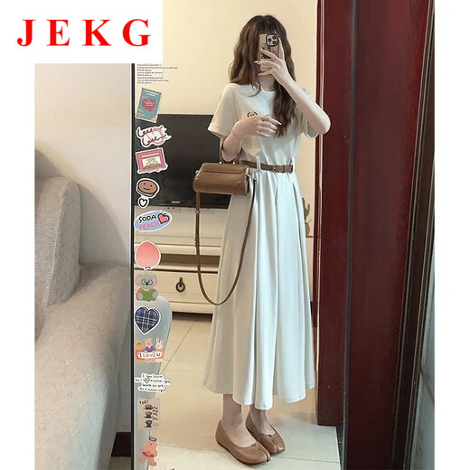 JEKG短袖连衣裙女夏2025新款时尚减龄收腰显瘦休闲宽松胖妹妹气质长裙 豆绿色连衣裙1283 S