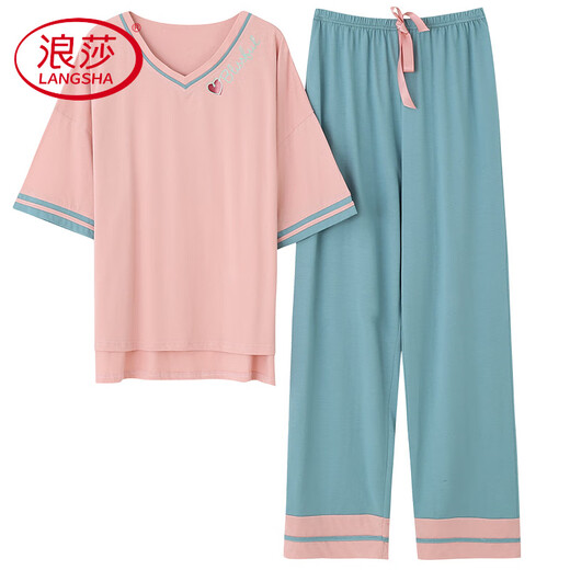 Langsha light luxury pajamas for women in summer 2025 new pure cotton thin loose home clothes short-sleeved trousers casual and can be worn outside Fentenkan 7374 M [recommended 80-105Jin [Jin equals 0.5 kg]]
