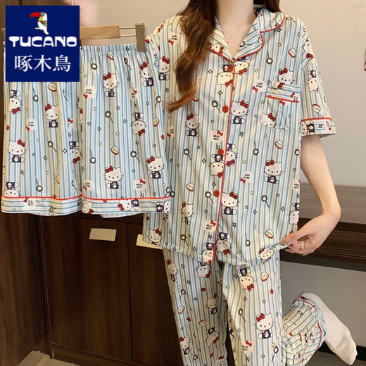 
Woodpecker KT cat pajamas for women in summer short-sleeved pure cotton three-piece set 2025 new cartoon cute student home clothes #FS-three-piece set 14137 M [75-95Jin[Jin equals 0.5 kg]]