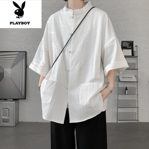 
Playboy (PLAYBOY) Chinese style Tang suit men's sling shirt summer Hanfu new Chinese men's large-size Taoist robe jacket black [seven-quarter sleeves] + navy blue linen pants 8XL (275 to 300 Jin [Jin equals 0.5 kg] can be worn)