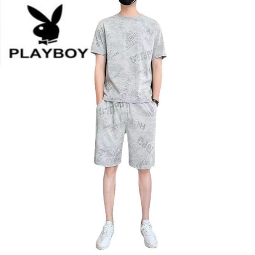 花花公子（PLAYBOY）纯棉2023新款冰丝短袖T恤套装男士休闲运动两件套男装宽松夏季潮 671灰色套装 M 80斤-110斤