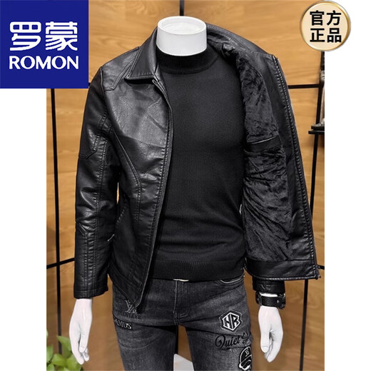 ROMON high-end imitation leather jacket men's lapel spring and autumn short jacket imitation sheepskin motorcycle jacket black regular size M 110Jin Jin is equal to less than 0.5 kg