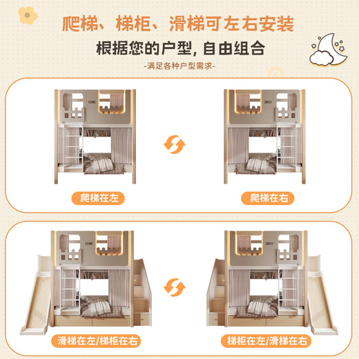 Xuncong [ENF-Grad Volles Massivholz] Kinderbett-Creme-Stil oberes und unteres Bett Hoch- und untere Bett erhöhte Leitplanke Mutterbett mit Aufbewahrung ENF-Grad Full Massivholz Doppelschicht Kinderbett + Leiterschrank + Rutsch + Buchhandel 1350 mm*1900 mm Innendurchmesser