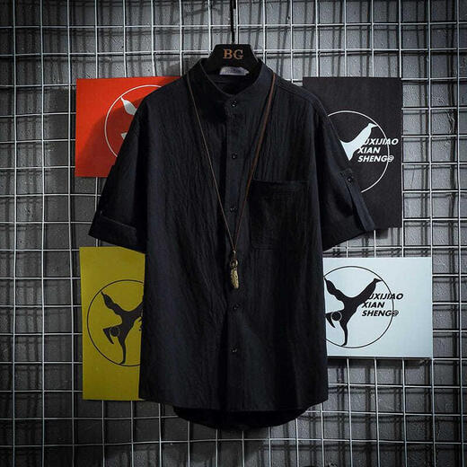Moxiao 1049 personnes louées gras cols japonais cols de support à moitié à manches masculines et couleur unie lâche simple et polyvalent d'été à manches courtes noire 4xl