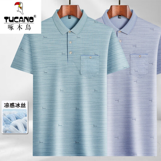 啄木鸟（TUCANO）爸爸装翻领冰丝短袖T恤中年男士休闲体恤中老年薄款POLO衫夏季衣T 冰丝-9855 灰色 真口袋 M 48/165