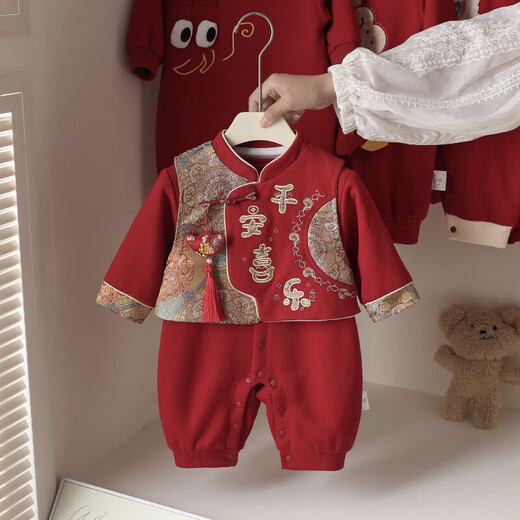 G.DUCKKIDS小黄鸭婴儿连体衣春秋中国风新生儿衣服满月百天男女宝宝周岁礼服 红色连体衣 66cm 66码0-3月建议宝宝4-6公斤