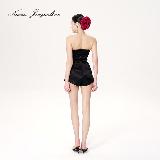 NanaJacqueline【花漾秘境系列】早秋新款蕾丝拼接褶皱连体裤女珠光缎面高级感 黑色 XS
