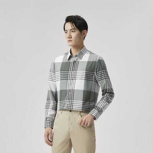 劲霸男装休闲简约格纹春秋男士长袖休闲衬衫男|BCCT1502 军绿 3XL