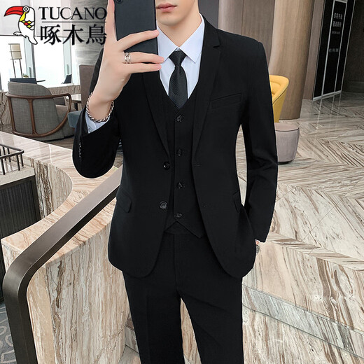 Woodpecker (TUCANO) suit men's Korean casual business formal jacket slim fit groomsmen and groom wedding dress no-iron suit black suit + white shirt + tie S