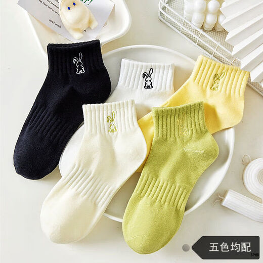 袜子女春夏季短筒船袜白色学生袜浅口透气网眼袜夏天薄款隐形袜子 每色各一双 共 5双