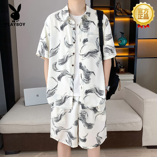 Playboy (Playboy) Camisa de altura corta de gatillo de alta gama Traje de altura de verano de verano y pantalones cortos de playa de vacaciones combinados con camisa 679 metros Traje blanco M 90-110Jin [Jin iguala 0.5 kg]