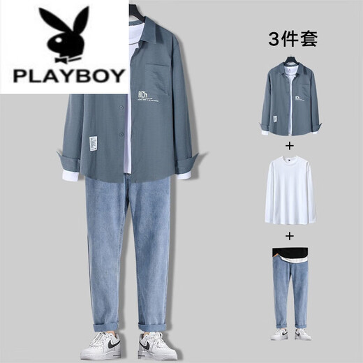 Playboy (Playboy) Мужская повседневная рубашка с длинным рукавом мужская набор весна и осенняя модная мужская одежда Полный комплект со зрелой модной одеждой 679 синяя рубашка + длинная белая T + 71 синие джинсы xl