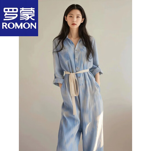罗蒙（ROMON）简约通勤2025年夏季新款宽松显瘦撞色百搭系带卷边袖衬衫连体裤女 蓝色连体裤 S 80-95斤