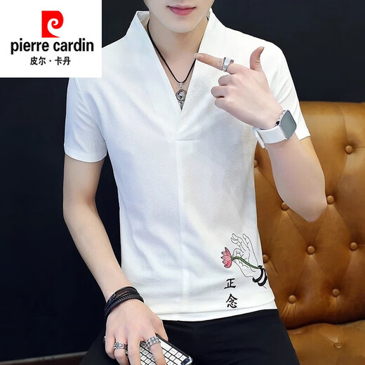 
Pierre cardin summer Chinese style v-neck short-sleeved men's linen t-shirt for men 2025 new slim ice silk embroidery trend 9193 white 2XL 180