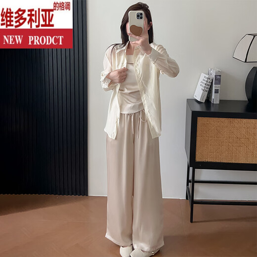 维多利亚的格调巨好看的夏日套装女2025新款小众不撞款吊带开衫阔腿裤三件套 香槟色衬衫+吊带+裤子 S