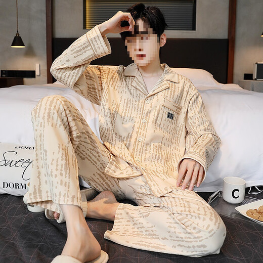 
Changluzhu Chun Autumn Pajamas for men pure cotton loose large size casual long sleeve trousers summer and winter style can be worn outside for home clothes OMM12004 L (recommended 100-130 Jin [Jin equals 0.5 kg])