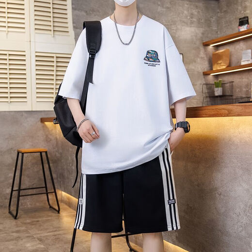 卡度顿青少年男孩短袖t恤夏季初高中学生休闲运动套装潮流帅气大童体恤 7027白色套装 M 建议80-100斤左右