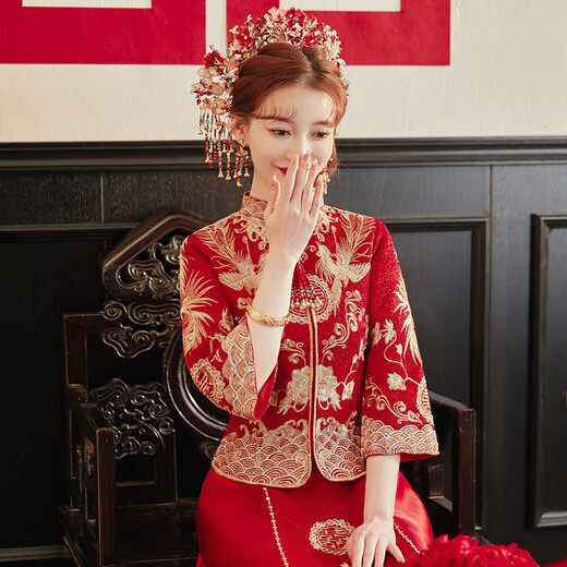 Woodpecker (TUCANO) Xiuhe Wedding Bridal 2025 New Chinese Wedding Dress Wedding Dress New Small Toast Wear Slim Show Kimono Feng Laiyi Simple Style (+Golden Phoenix Headdress) 2XL