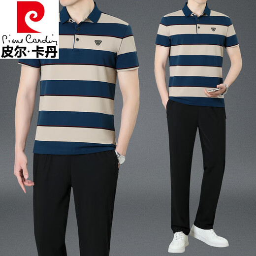 Pierre Cardin Dad Summer Anzug Herren Sportbekleidung Anzug mittleren und älteren Menschen mit ungezwungener Baumwolle kurzärmelige T-Shirt Polo-Hemd dunkelgrau (kurze Ärmel + Hosen) KDK9763 m (empfohlen 100-120 Jin [Jin gleich 0,5 kg]))