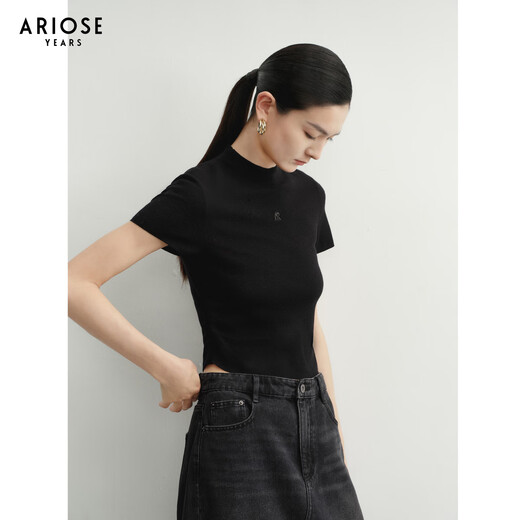 Enos Yashi Shopping Mall Same Style Spring and Autumn New Commuting Versatile Wool Short-Sleeved Sweater Top Women 40728019 Black L