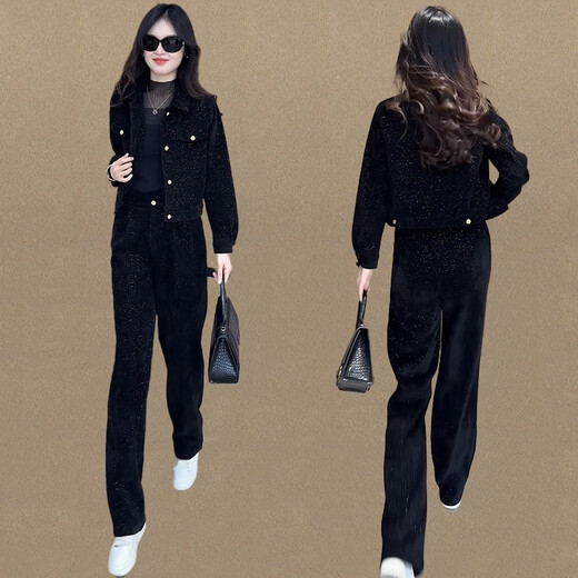 Cooles Kapitel (Kuzhang) Fashion Casual Anzug Frauen 2025 Frühlings- und Herbst-Neuer-Internet-Promi Mode Jacke Wide-Bein-Hosen zweiteiliger Set 6198# Black Spring und Herbst M empfohlen 100 Jin [Jin gleich 0,5 kg]