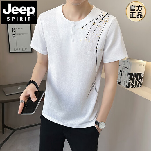 JEEP SPIRIT新中式国风v领短袖T恤男夏季亚麻2025新款透气竹子半袖男士T恤衫 9856卡其色 M (约90~105斤可穿)