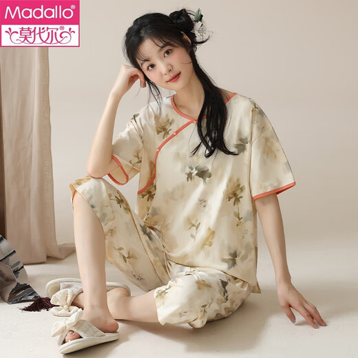 莫代尔女士短袖睡衣套装夏季新中式国风棉家居服七分裤夏天薄款可外穿 LZY9901 M (建议75-95斤)