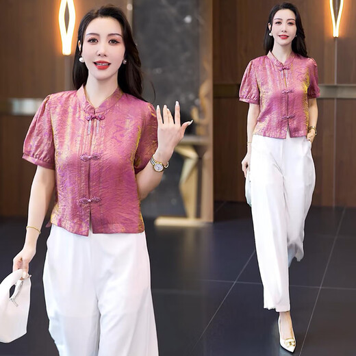 Xin Yimei's new Chinese style shirt for women in 2025 summer new style small and stylish slim squid short-sleeved jacquard shirt rose red top L [105-115Jin[Jin equals 0.5 kg]]