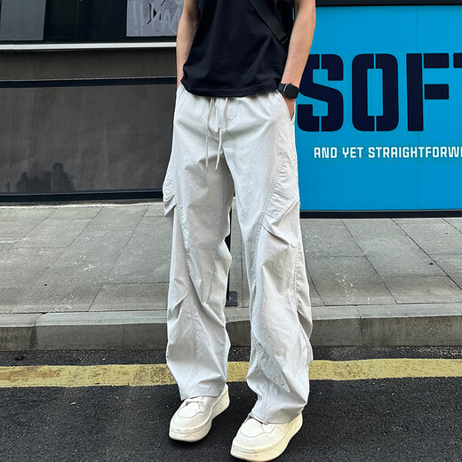 卡图弛 褶皱潮流休闲裤男夏季薄款美式vintage速干长裤宽松冰丝工装裤子 浅灰色 XL 【建议120-140斤】