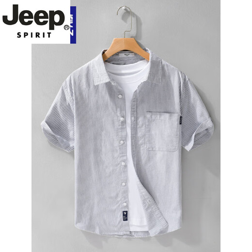 JEEP SPIRIT高端男士纯棉短袖衬衫日系休闲夏季薄款条纹衬衣新款潮流拼接上衣 9740浅蓝色 XL