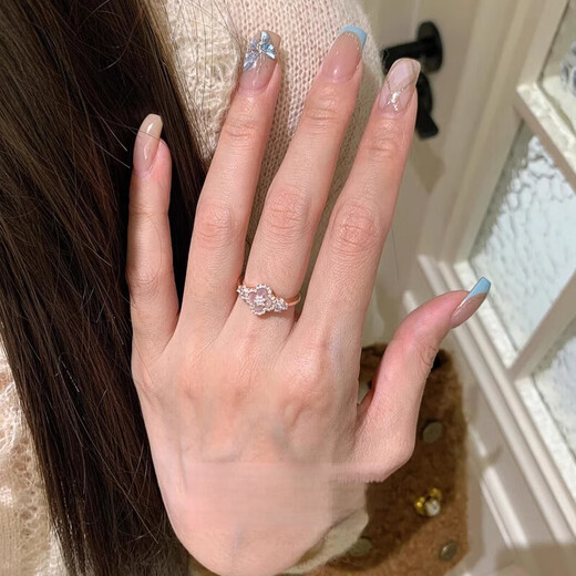 Natural colorful pink mother-of-pearl four-leaf flower sparkling diamond rose K gold ring Colorful pink mother-of-pearl four-leaf flower ring single