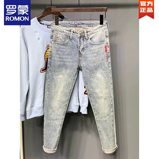 罗蒙（ROMON）九分牛仔裤男夏季薄款潮流修身小脚裤弹力高端潮牌休闲百搭裤子 9275 34