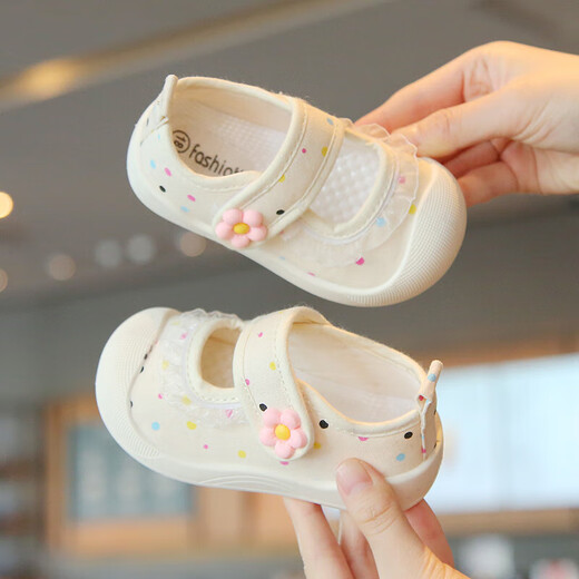 Spring and summer single shoes, breathable and sweat-absorbent, children's canvas shoes for 1-3 years old, girls' shallow sneakers, baby non-slip cloth shoes, light color, beige 21, inner length 13.5cm