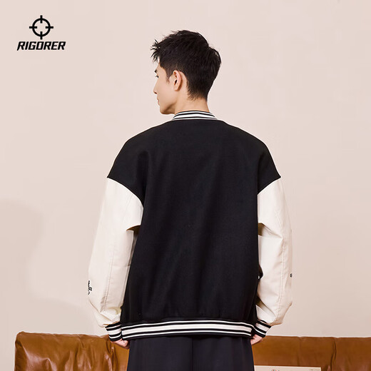 The new autumn and winter baseball uniform jacket for men and women American retro PU sleeve embroidery trendy versatile loose sports jacket for men pure black thickened XL (180)