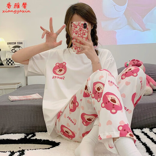KNFN pajamas for women in 2024 new summer pure cotton short-sleeved trousers thin Korean style loose-fitting home clothing suit 6627 black plaid pants M size 80-100Jin [Jin equals 0.5 kg]