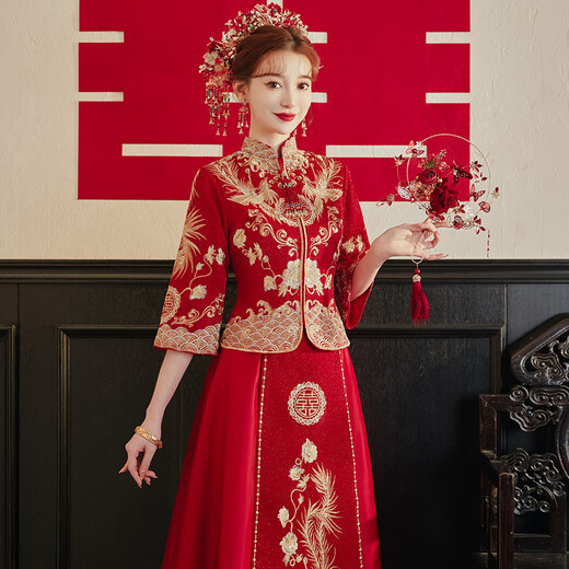 Woodpecker (TUCANO) Xiuhe Wedding Bridal 2025 New Chinese Wedding Dress Wedding Dress New Small Toast Wear Slim Show Kimono Feng Laiyi Simple Style (+Golden Phoenix Headdress) 2XL