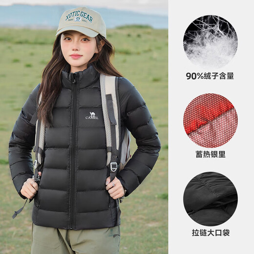 骆驼（CAMEL）轻薄羽绒服女防泼水90%绒子立领外套 J1W1PLN139B 幻影黑 L