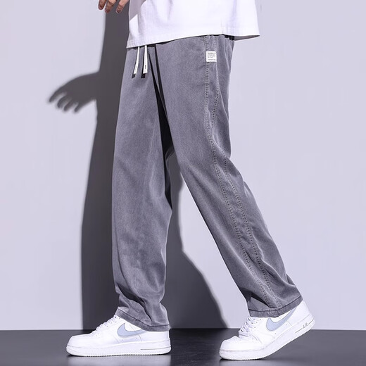 七匹狼冰丝牛仔裤男宽松2025新款莱赛尔松紧腰阔腿休闲薄款长裤子男夏季 1048=黑色 L 110-130斤