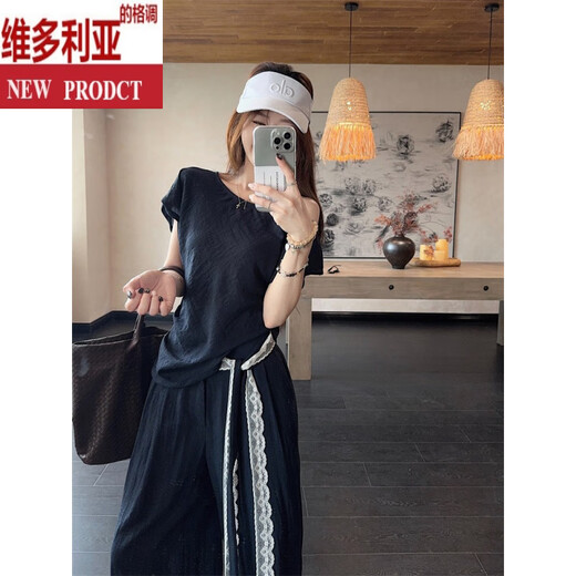 Victoria's style casual suit for women's summer 2025 new style paired with a complete set of navy blue slanted shoulder short-sleeved T-shirt wide-leg pants two-piece set white pants S