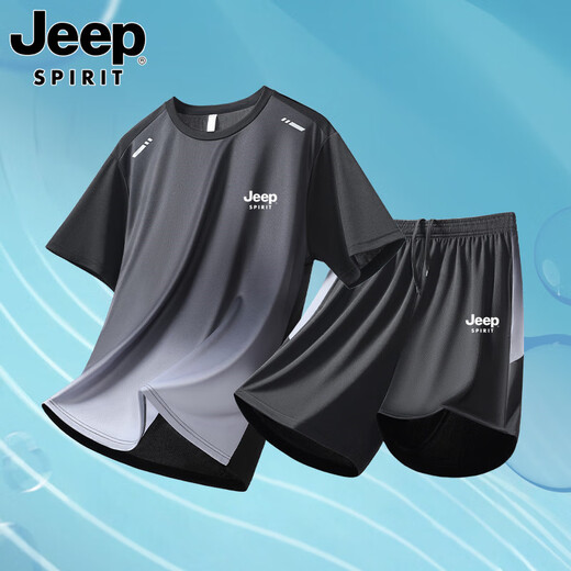 吉普（JEEP）吉普速干T恤男士渐变冰丝短袖2025新款夏季运动套装跑步服男 父亲节礼物衣服9901黑绿套装【新款冰丝速干】 M