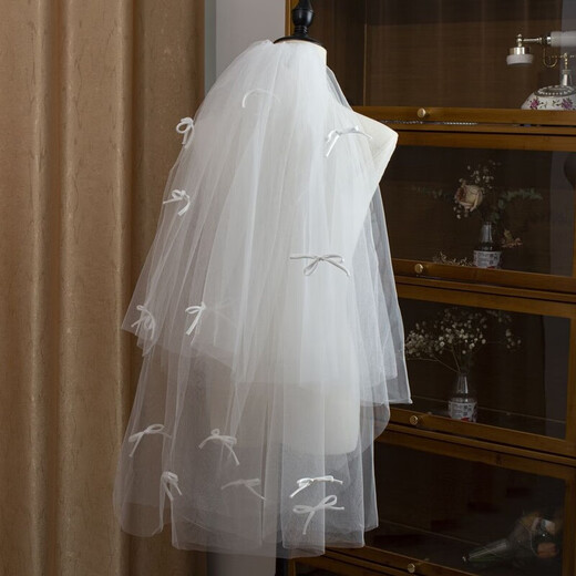 
Shantoulin Village Veil Certificate Pearl Bride Veil Main Wedding Dress Bow Pearl Hair Garment Puffy Korean Style Photo Shot Band Beaded Veil-about 80cm