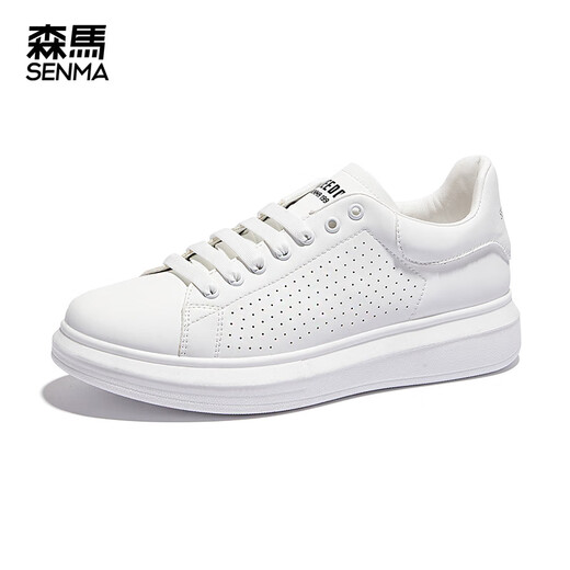 森馬（Senma）板鞋小白鞋男2025新款皮面纯色厚底休闲潮流透气男鞋百搭松糕 9227白黑色 38